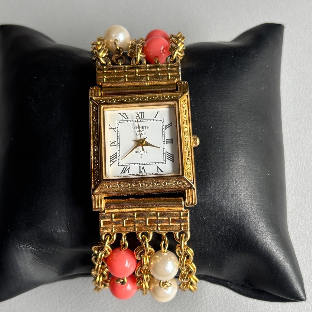 Vintage Kenneth J Lane KJL Bracelet Watch Beaded Gold Tone Needs Battery